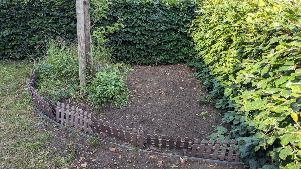Auf diesem Bild sieht man ein frisch gesäubertes Beet in einem Garten. Das Beet befindet sich in einer Ecke, die von dichten, grünen Hecken eingefasst ist. Vor dem Beet verläuft ein kleiner, brauner, dekorativer, niedriger Zaun, der das Beet optisch vom Rest des Gartens abgrenzt.Im linken Bereich des Beetes steht ein junger Baum mit einem Holzpfahl zur Stütze. Um den Baum herum wächst etwas Gras und ein paar niedrige Pflanzen, ansonsten ist das Beet weitgehend frei von Bewuchs. Die Erde wirkt aufgelockert und ordentlich, es liegen nur noch wenige kleine Blätter oder Zweige darauf – ein Zeichen, dass hier kürzlich gearbeitet, also Unkraut entfernt oder das Beet vorbereitet wurde. Insgesamt macht die Ecke einen gepflegten, ordentlichen Eindruck und scheint bereit für neue Bepflanzung oder weitere Gartenarbeiten zu sein.